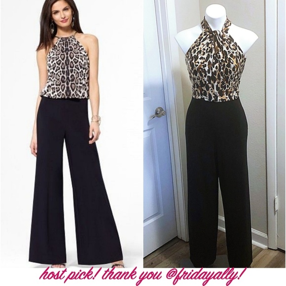 Roz & Ali Pants - 🆕Roz & Ali Leopard Body Wide Leg Halter Jumpsuit